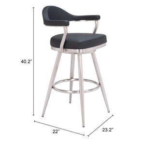 Homeroots 30" Black And Silver Faux Leather And Stainless Steel Bar Height Swivel Bar Chair   555767