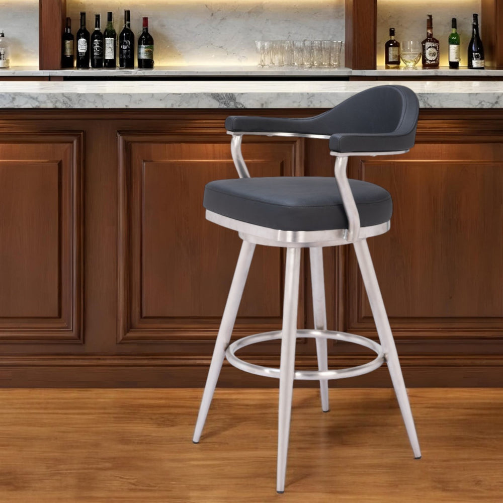 Homeroots 30" Black And Silver Faux Leather And Stainless Steel Bar Height Swivel Bar Chair   555767