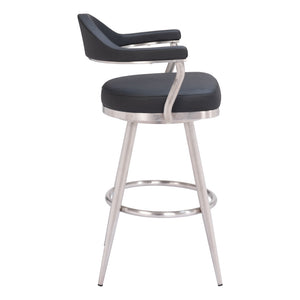 Homeroots 30" Black And Silver Faux Leather And Stainless Steel Bar Height Swivel Bar Chair   555767