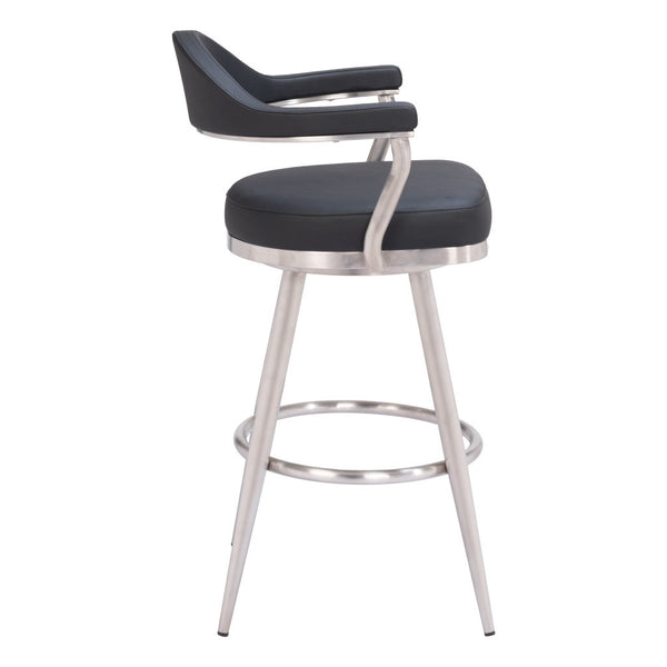 Homeroots 30" Black And Silver Faux Leather And Stainless Steel Bar Height Swivel Bar Chair   555767