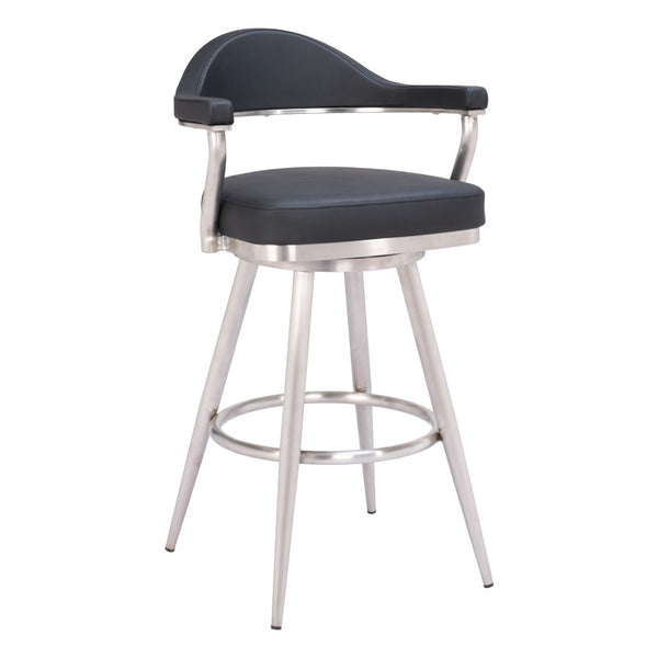Homeroots 30" Black And Silver Faux Leather And Stainless Steel Bar Height Swivel Bar Chair   555767