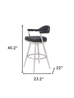 Homeroots 30" Black And Silver Faux Leather And Stainless Steel Bar Height Swivel Bar Chair   555767