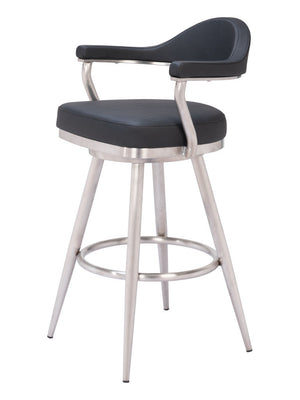 Homeroots 30" Black And Silver Faux Leather And Stainless Steel Bar Height Swivel Bar Chair   555767