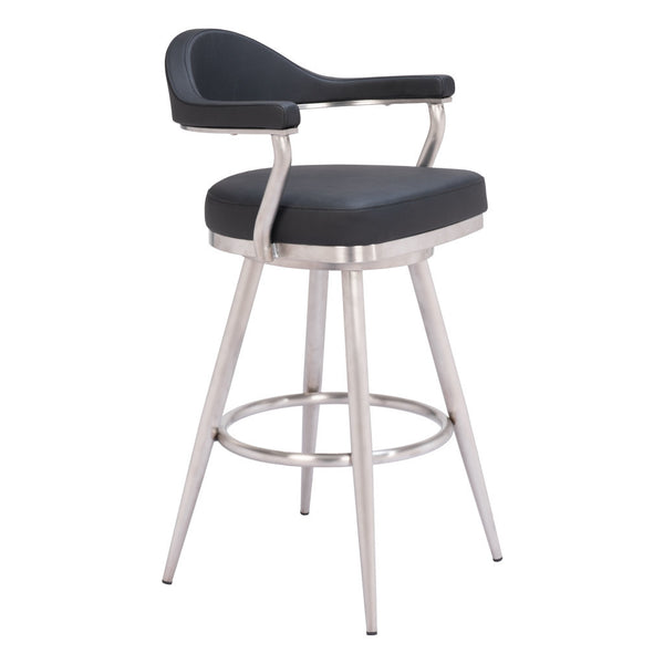 Homeroots 30" Black And Silver Faux Leather And Stainless Steel Bar Height Swivel Bar Chair   555767