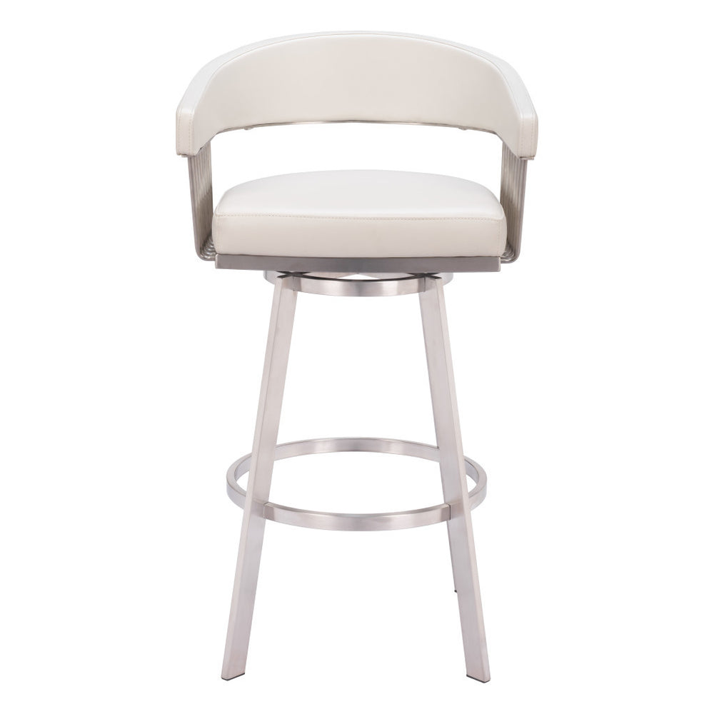Homeroots 31" White And Silver Faux Leather And Stainless Steel Bar Height Swivel Bar Chair   555768