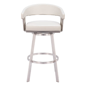 Homeroots 31" White And Silver Faux Leather And Stainless Steel Bar Height Swivel Bar Chair   555768