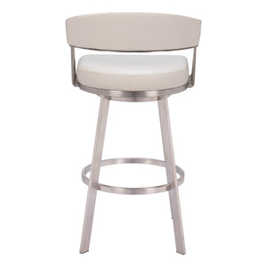 Homeroots 31" White And Silver Faux Leather And Stainless Steel Bar Height Swivel Bar Chair   555768