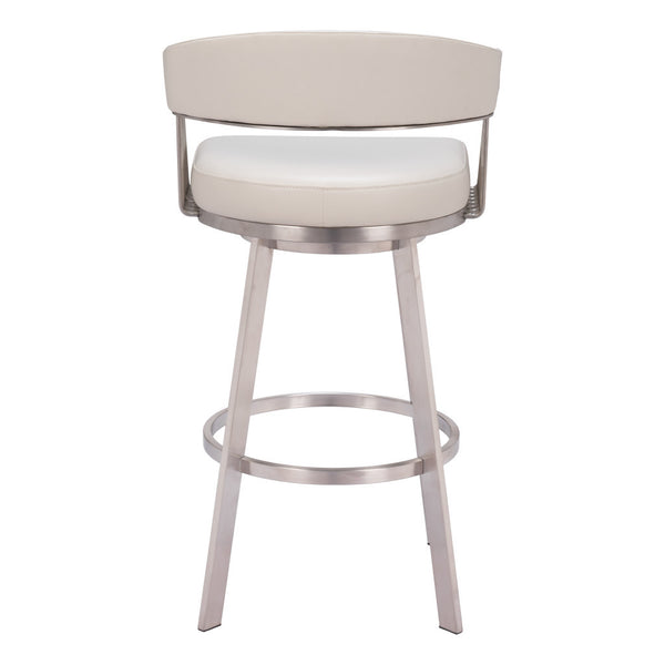Homeroots 31" White And Silver Faux Leather And Stainless Steel Bar Height Swivel Bar Chair   555768