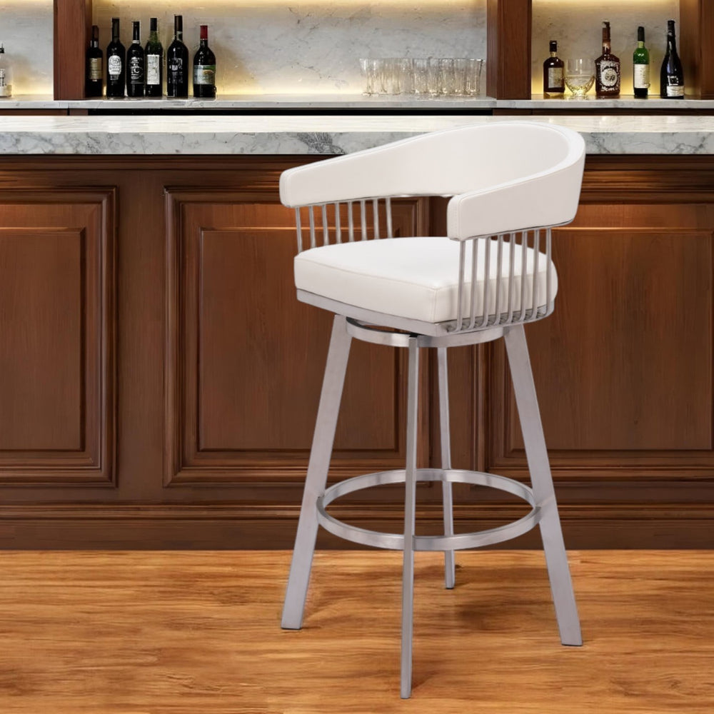 Homeroots 31" White And Silver Faux Leather And Stainless Steel Bar Height Swivel Bar Chair   555768
