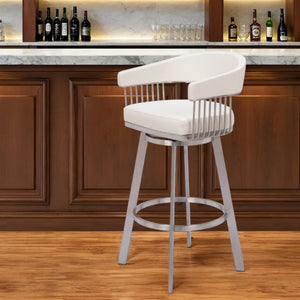 Homeroots 31" White And Silver Faux Leather And Stainless Steel Bar Height Swivel Bar Chair   555768