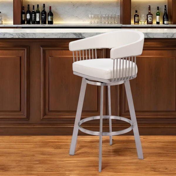Homeroots 31" White And Silver Faux Leather And Stainless Steel Bar Height Swivel Bar Chair   555768