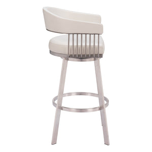 Homeroots 31" White And Silver Faux Leather And Stainless Steel Bar Height Swivel Bar Chair   555768