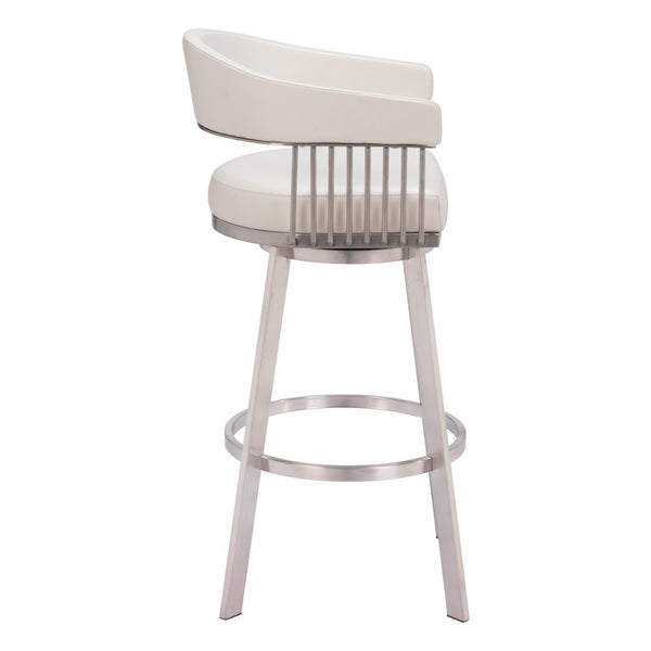 Homeroots 31" White And Silver Faux Leather And Stainless Steel Bar Height Swivel Bar Chair   555768