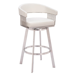 Homeroots 31" White And Silver Faux Leather And Stainless Steel Bar Height Swivel Bar Chair   555768