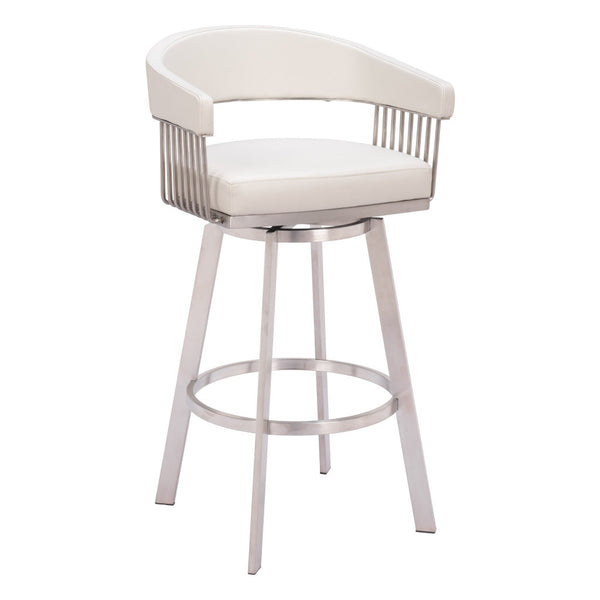 Homeroots 31" White And Silver Faux Leather And Stainless Steel Bar Height Swivel Bar Chair   555768
