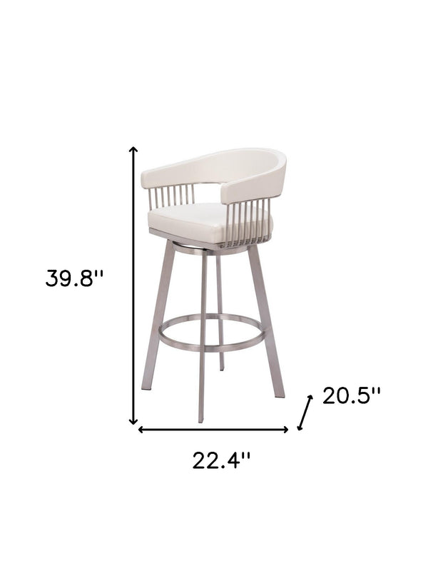 Homeroots 31" White And Silver Faux Leather And Stainless Steel Bar Height Swivel Bar Chair   555768