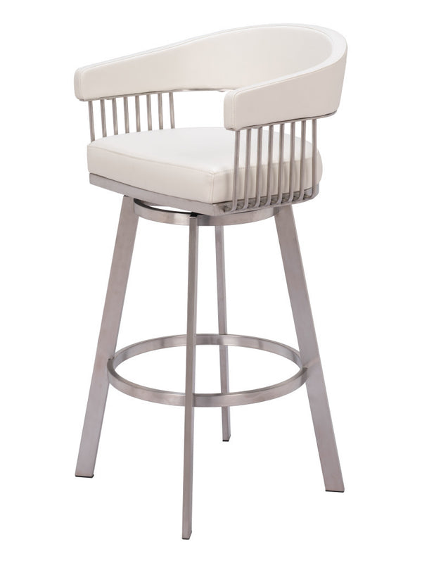 Homeroots 31" White And Silver Faux Leather And Stainless Steel Bar Height Swivel Bar Chair   555768