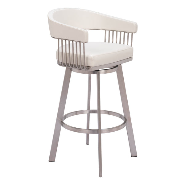 Homeroots 31" White And Silver Faux Leather And Stainless Steel Bar Height Swivel Bar Chair   555768
