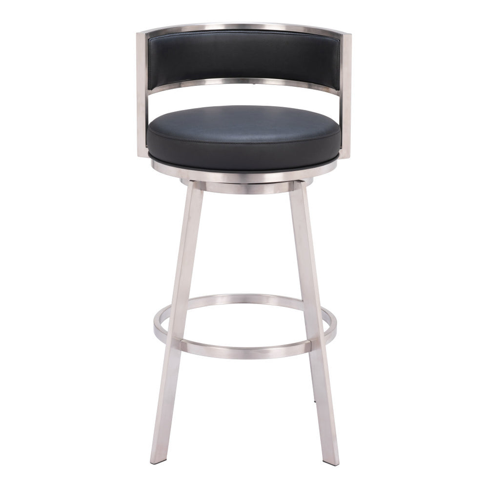 Homeroots 31" Black And Silver Faux Leather And Stainless Steel Low Back Bar Height Swivel Bar Chair   555769