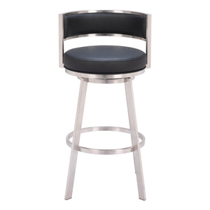 Homeroots 31" Black And Silver Faux Leather And Stainless Steel Low Back Bar Height Swivel Bar Chair   555769