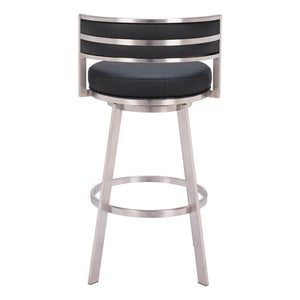 Homeroots 31" Black And Silver Faux Leather And Stainless Steel Low Back Bar Height Swivel Bar Chair   555769