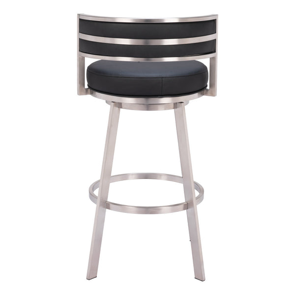 Homeroots 31" Black And Silver Faux Leather And Stainless Steel Low Back Bar Height Swivel Bar Chair   555769