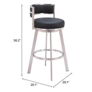 Homeroots 31" Black And Silver Faux Leather And Stainless Steel Low Back Bar Height Swivel Bar Chair   555769