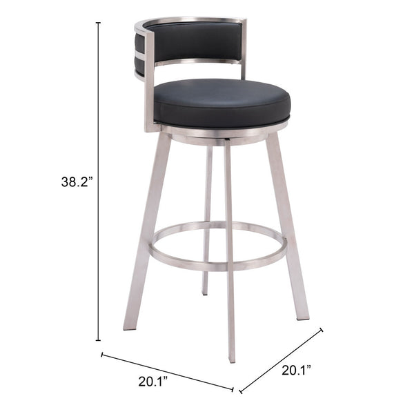 Homeroots 31" Black And Silver Faux Leather And Stainless Steel Low Back Bar Height Swivel Bar Chair   555769