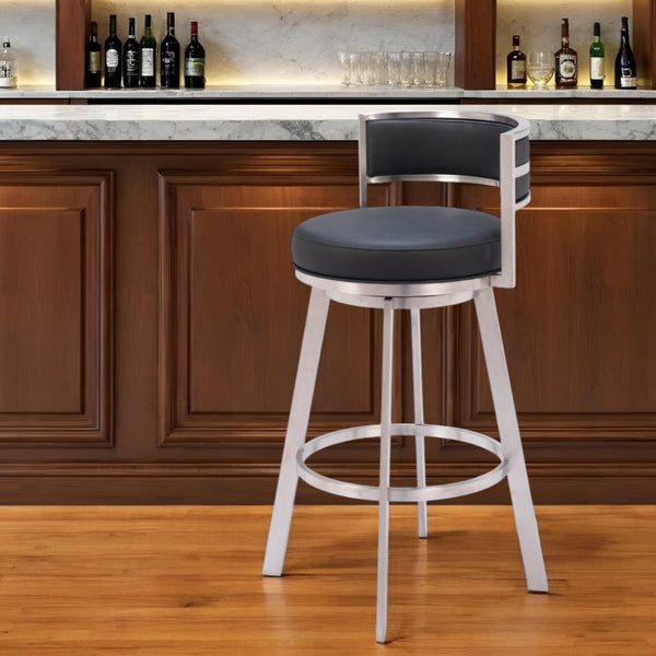 Homeroots 31" Black And Silver Faux Leather And Stainless Steel Low Back Bar Height Swivel Bar Chair   555769