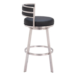 Homeroots 31" Black And Silver Faux Leather And Stainless Steel Low Back Bar Height Swivel Bar Chair   555769
