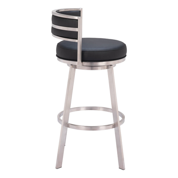 Homeroots 31" Black And Silver Faux Leather And Stainless Steel Low Back Bar Height Swivel Bar Chair   555769