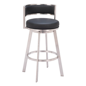 Homeroots 31" Black And Silver Faux Leather And Stainless Steel Low Back Bar Height Swivel Bar Chair   555769