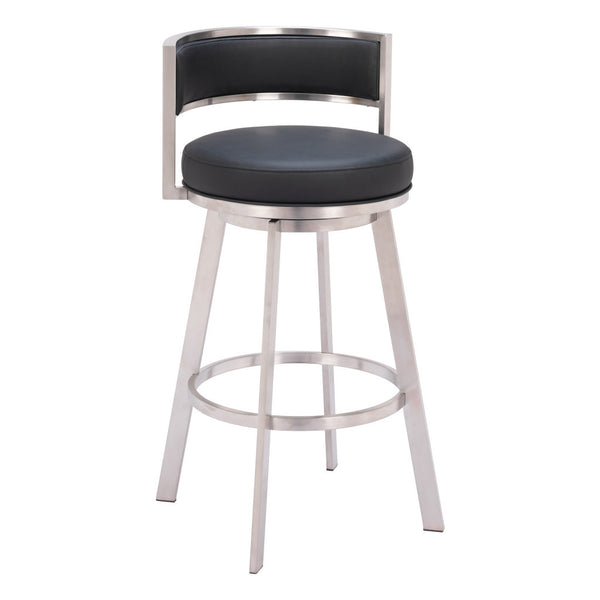 Homeroots 31" Black And Silver Faux Leather And Stainless Steel Low Back Bar Height Swivel Bar Chair   555769