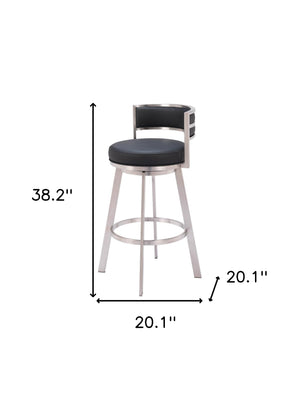 Homeroots 31" Black And Silver Faux Leather And Stainless Steel Low Back Bar Height Swivel Bar Chair   555769