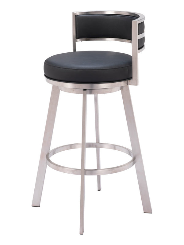 Homeroots 31" Black And Silver Faux Leather And Stainless Steel Low Back Bar Height Swivel Bar Chair   555769