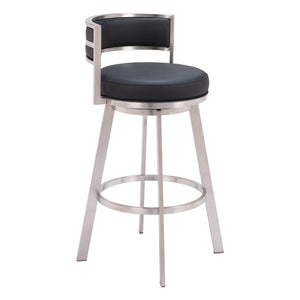 Homeroots 31" Black And Silver Faux Leather And Stainless Steel Low Back Bar Height Swivel Bar Chair   555769