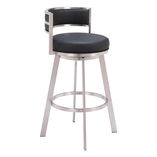 Homeroots 31" Black And Silver Faux Leather And Stainless Steel Low Back Bar Height Swivel Bar Chair   555769