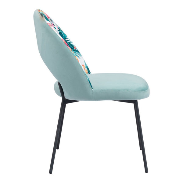 HomeRoots Set of Two Tropical Floral Velvet Dining Chairs - Stylish Green & Black Accent Seating for Any Space 555771