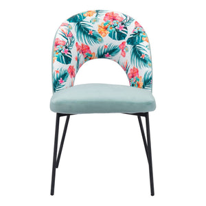 HomeRoots Set of Two Tropical Floral Velvet Dining Chairs - Stylish Green & Black Accent Seating for Any Space 555771