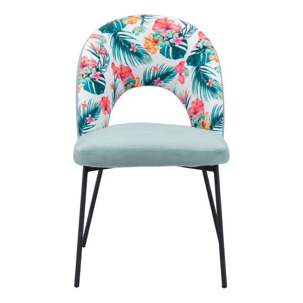 HomeRoots Set of Two Tropical Floral Velvet Dining Chairs - Stylish Green & Black Accent Seating for Any Space 555771