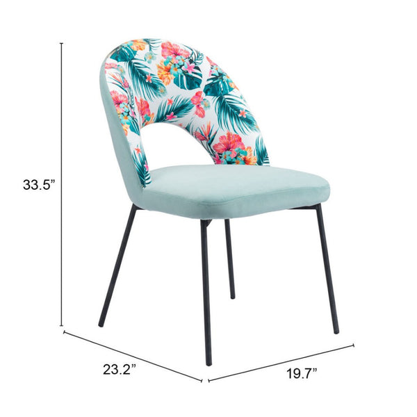 HomeRoots Set of Two Tropical Floral Velvet Dining Chairs - Stylish Green & Black Accent Seating for Any Space 555771