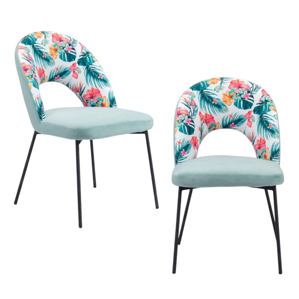 HomeRoots Set of Two Tropical Floral Velvet Dining Chairs - Stylish Green & Black Accent Seating for Any Space 555771