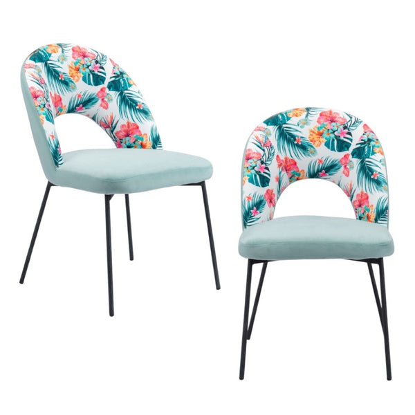 HomeRoots Set of Two Tropical Floral Velvet Dining Chairs - Stylish Green & Black Accent Seating for Any Space 555771