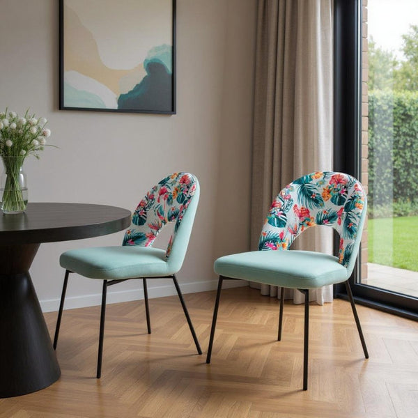 HomeRoots Set of Two Tropical Floral Velvet Dining Chairs - Stylish Green & Black Accent Seating for Any Space 555771