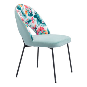 HomeRoots Set of Two Tropical Floral Velvet Dining Chairs - Stylish Green & Black Accent Seating for Any Space 555771
