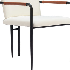 HomeRoots Set of Two Cream & Black Upholstered Faux Leather Arm Chairs for Dining, Living & Accent Use 555772