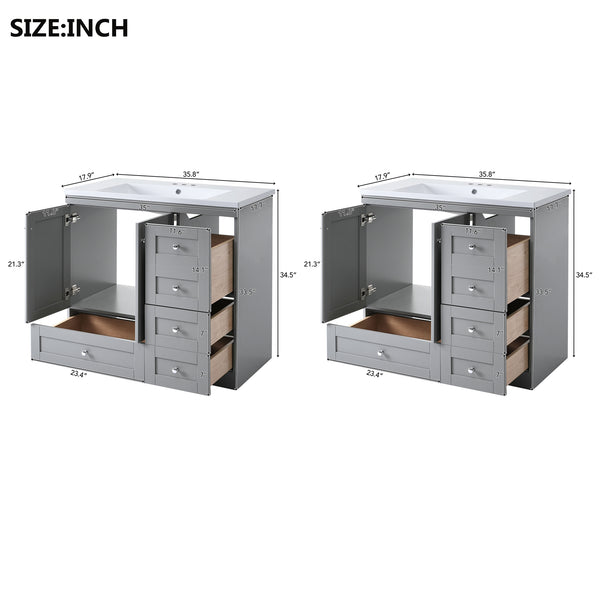 English Elm 72 Shaker Bathroom Vanity 72" Double-Sink Freestanding with Ceramic Basin, Soft-Close Drawers & Doors Grey N729P000010E