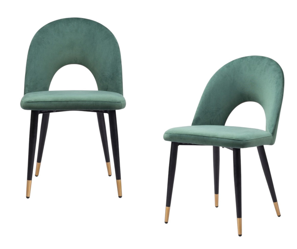 HomeRoots Set of Two Luxe Green Velvet Dining Side Chairs with Modern Open-Back Design & Gold Accents 555791