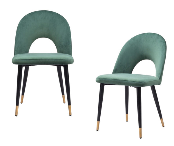 HomeRoots Set of Two Luxe Green Velvet Dining Side Chairs with Modern Open-Back Design & Gold Accents 555791