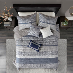 English Elm 6 Piece Reversible Jacquard Quilt Set Navy Grey Striped Chic King/Cal King with 3 Embroidered Pillows B03597590